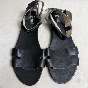 FLY London Women’s Black Leather Ankle Strap Sandals Size US 11 EUR 42